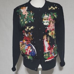 Susan Bristol Hand Embriodered Black Wool Christmas Sweater